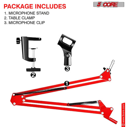 5Core Microphone Boom Arm Desk Mic Stand Adjustable Clamp Suspension Boom Stands RED